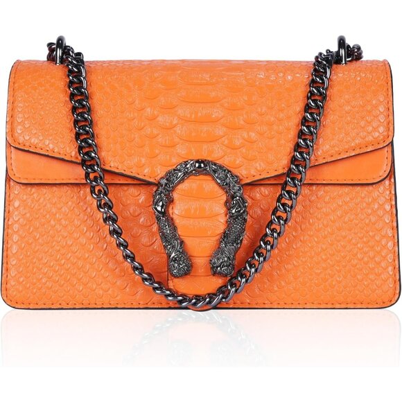 ⚡ Women's Orange Snake Vegan Leather Print Casual Satchel Crossbody Handbag - Picture 4 of 7